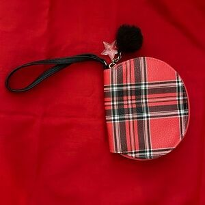 Tiny red plaid faux leather clutch with clear star and Pom Pom.